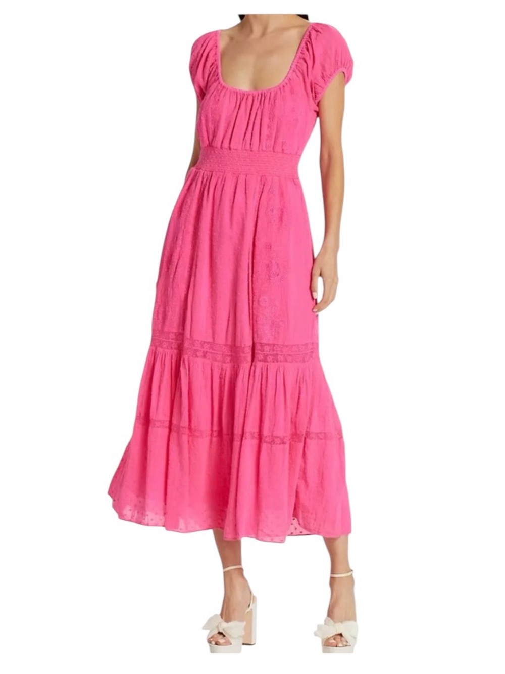 LoveShackFancy Pink Swiss Dot Lace Trim Midi Dress Size Small